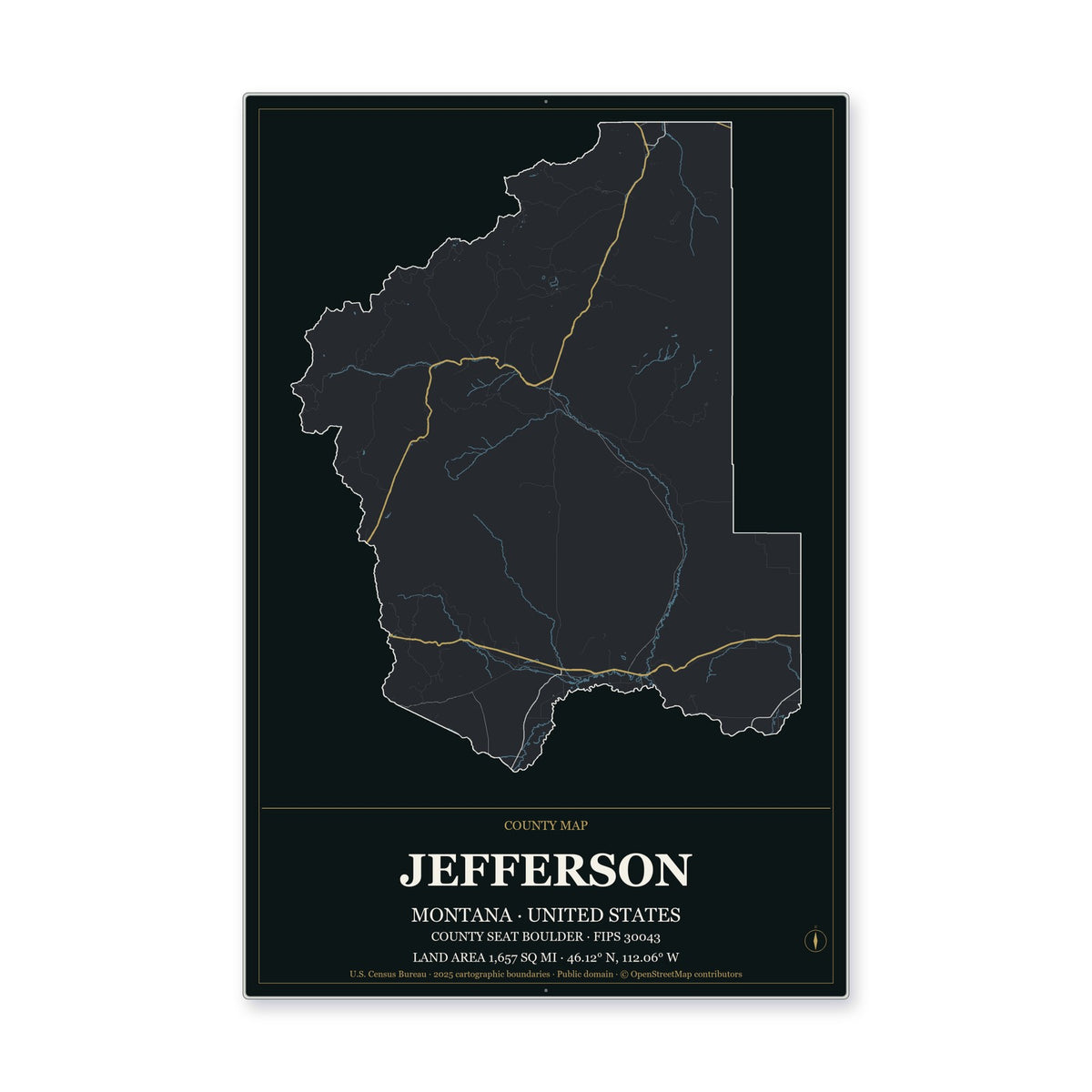 Jefferson County, Montana Map Aluminum Sign in Metropolitan Noir style