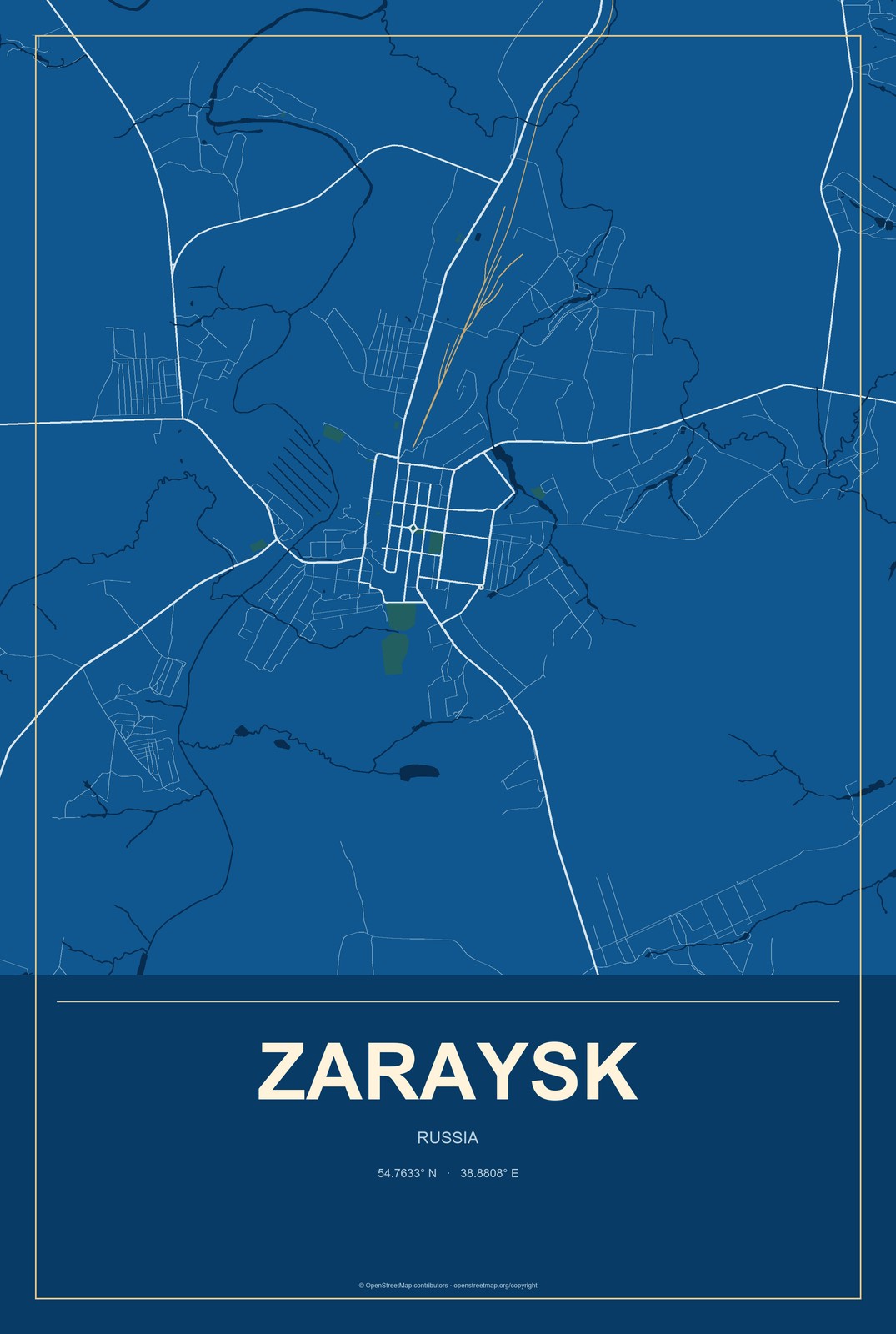 Zaraysk, Russia City Map Aluminum Sign in Harbor Cobalt style