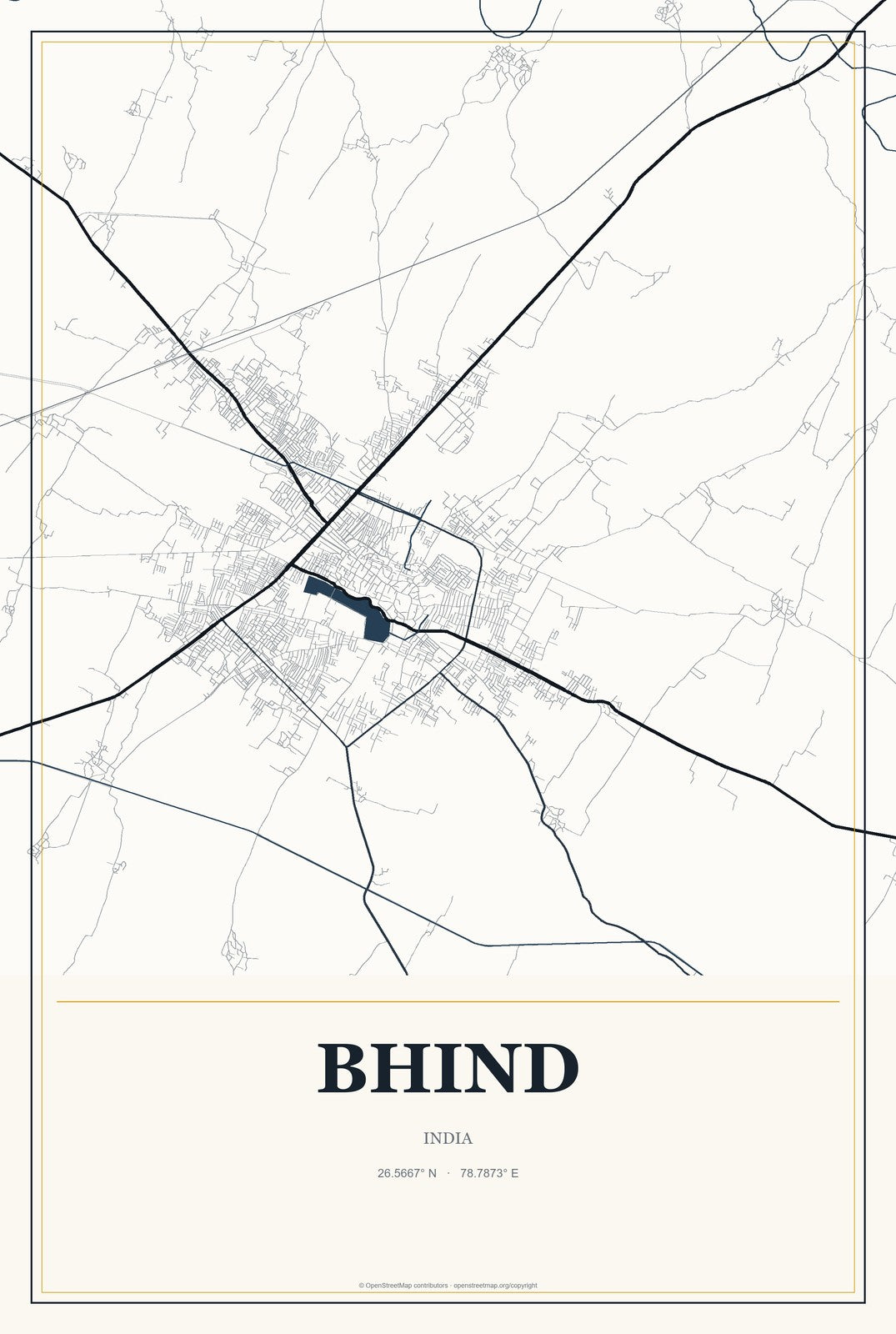 Bhind, India City Map Aluminum Sign in Citrine Modern style