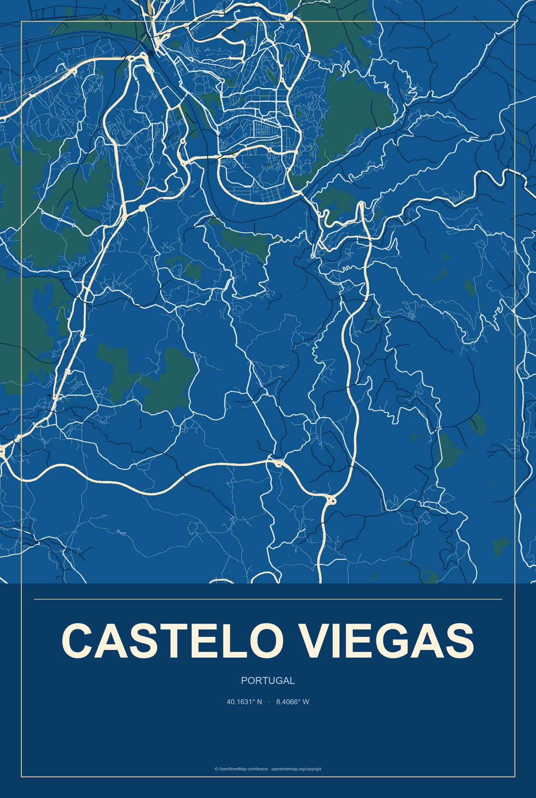 Castelo Viegas, Portugal City Map Aluminum Sign in Harbor Cobalt style