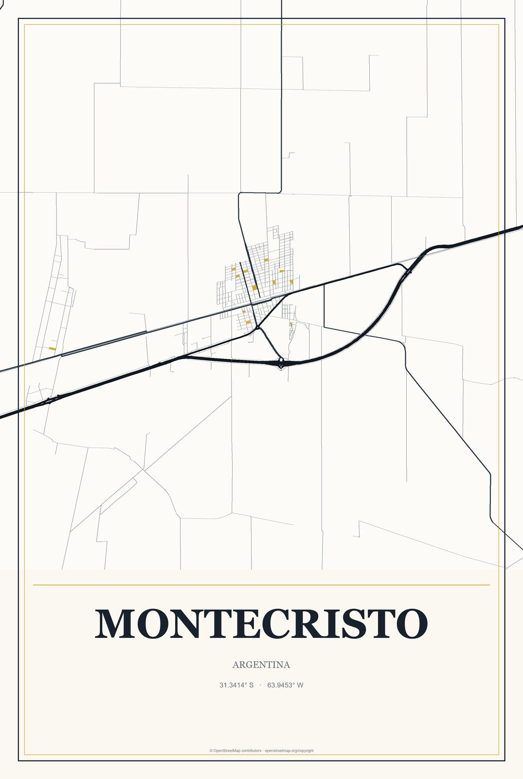 Montecristo, Argentina City Map Aluminum Sign in Citrine Modern style