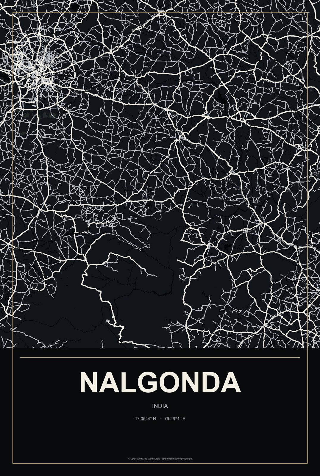 Nalgonda, India City Map Aluminum Sign in Metropolitan Noir style