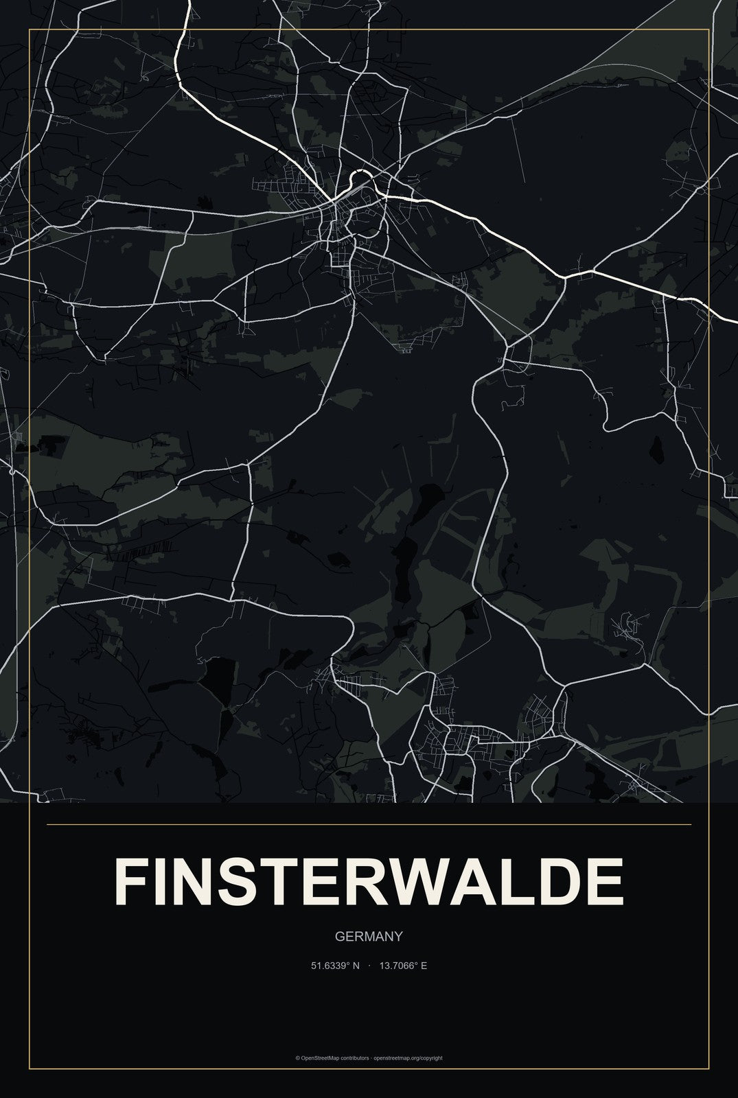 Finsterwalde, Germany City Map Aluminum Sign in Metropolitan Noir style
