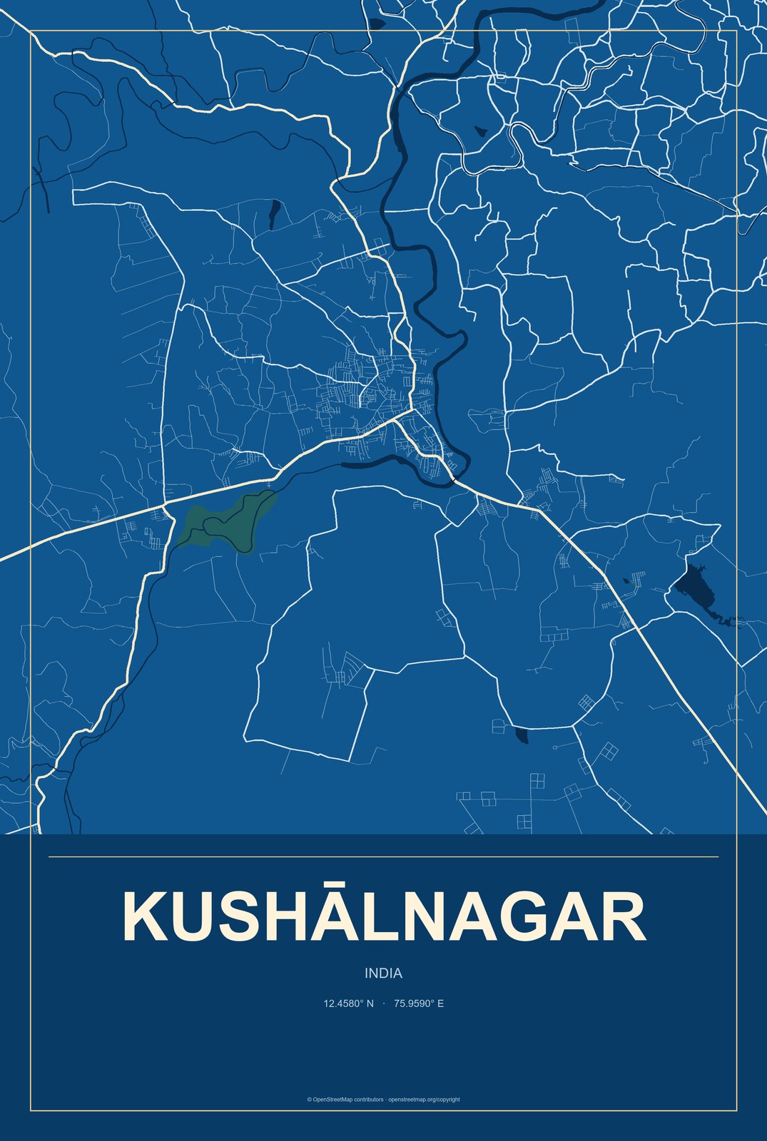 Kushālnagar, India City Map Aluminum Sign in Harbor Cobalt style