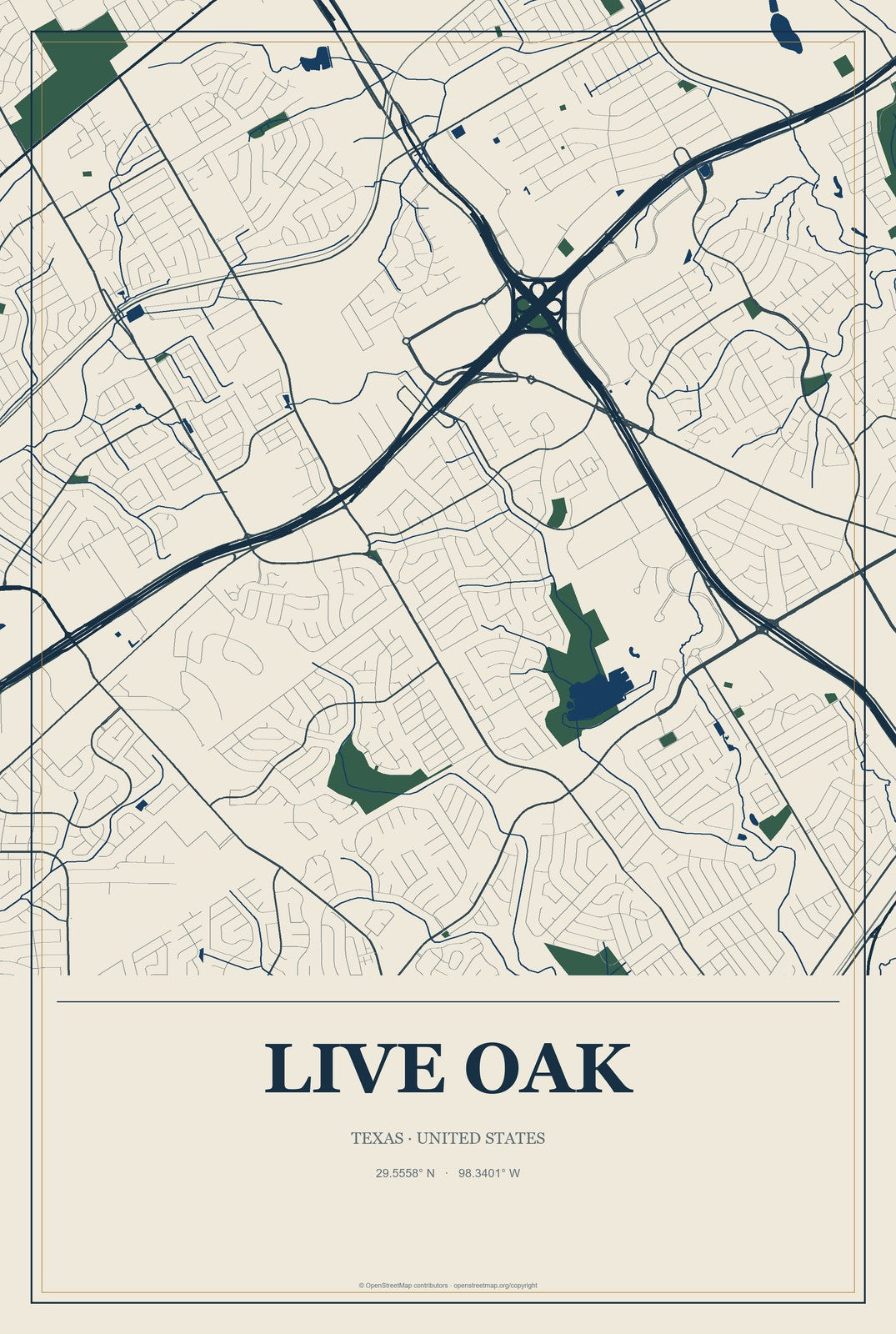 Live Oak, Texas City Map Aluminum Sign in Coastal Cutout style
