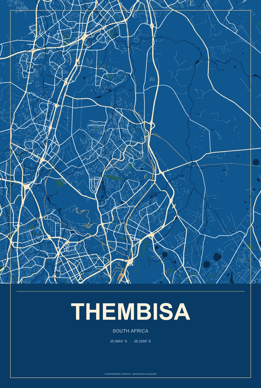 Thembisa, South Africa City Map Aluminum Sign in Harbor Cobalt style