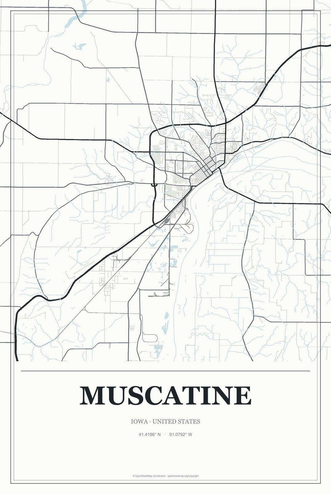 Muscatine, Iowa City Map Aluminum Sign in Gallery Air style