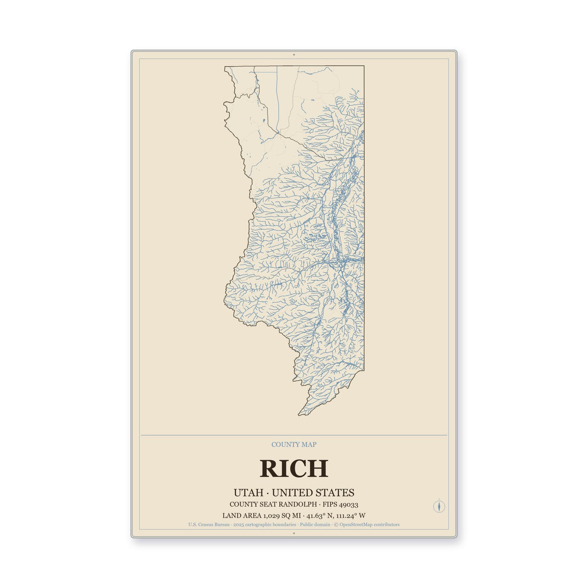 Rich County, Utah Map Aluminum Sign in Heritage Nautical style