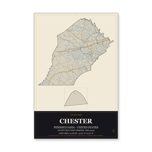 Chester County, Pennsylvania Map Aluminum Sign in Museum Plaque style