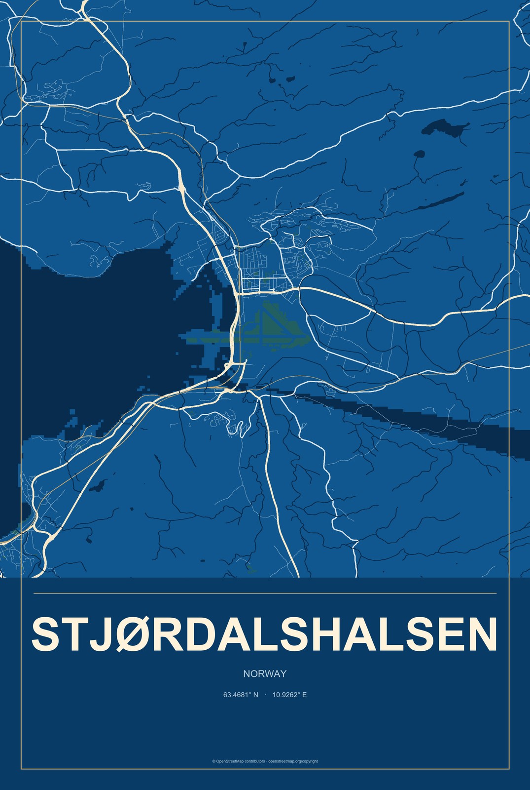 Stjørdalshalsen, Norway City Map Aluminum Sign in Harbor Cobalt style