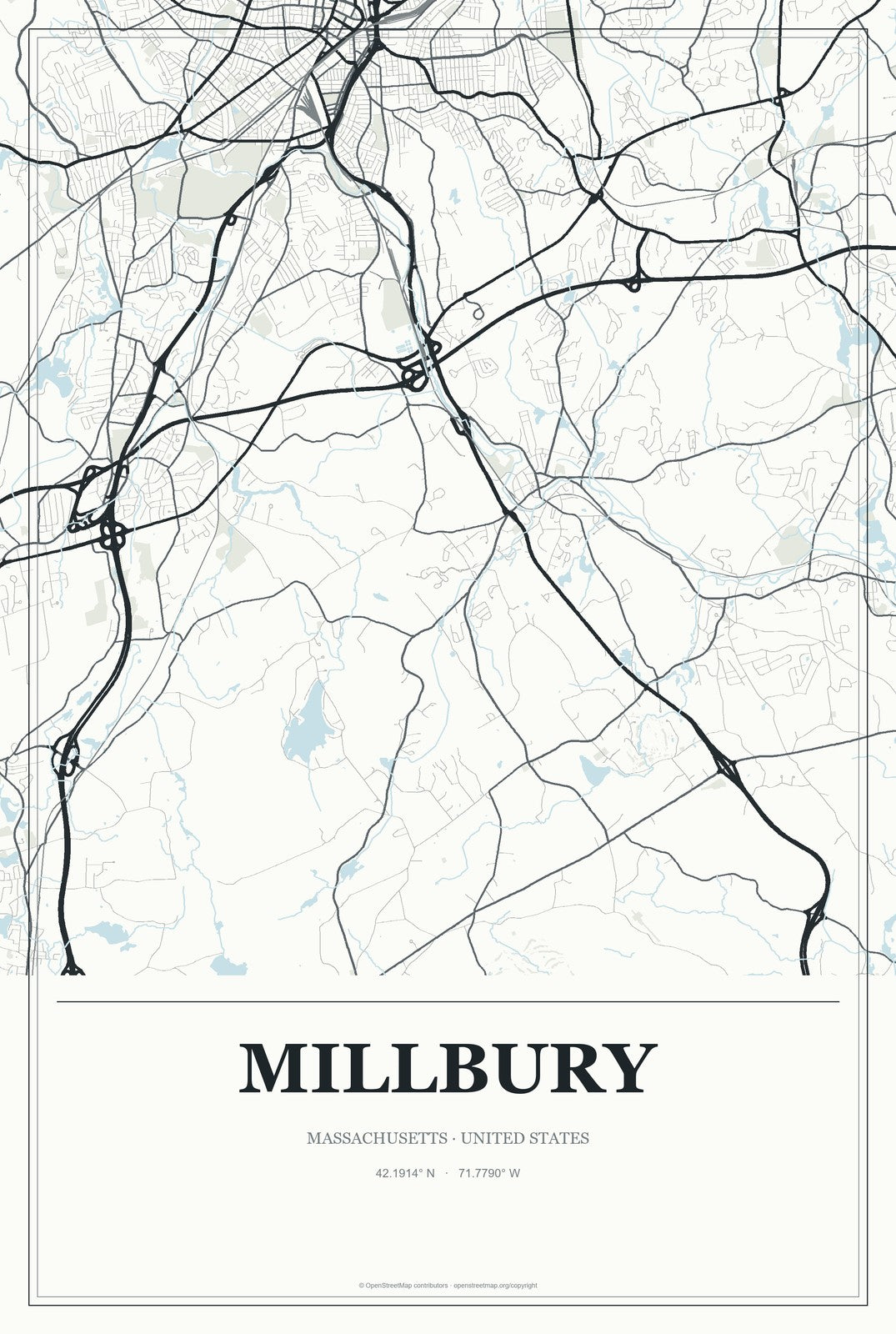 Millbury, Massachusetts City Map Aluminum Sign in Gallery Air style
