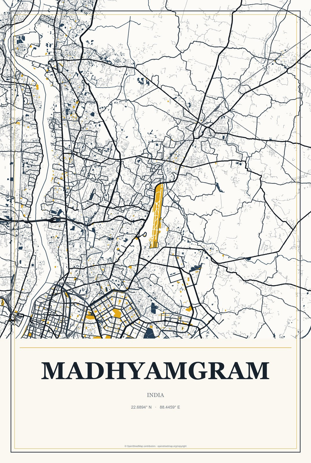 Madhyamgram, India City Map Aluminum Sign in Citrine Modern style