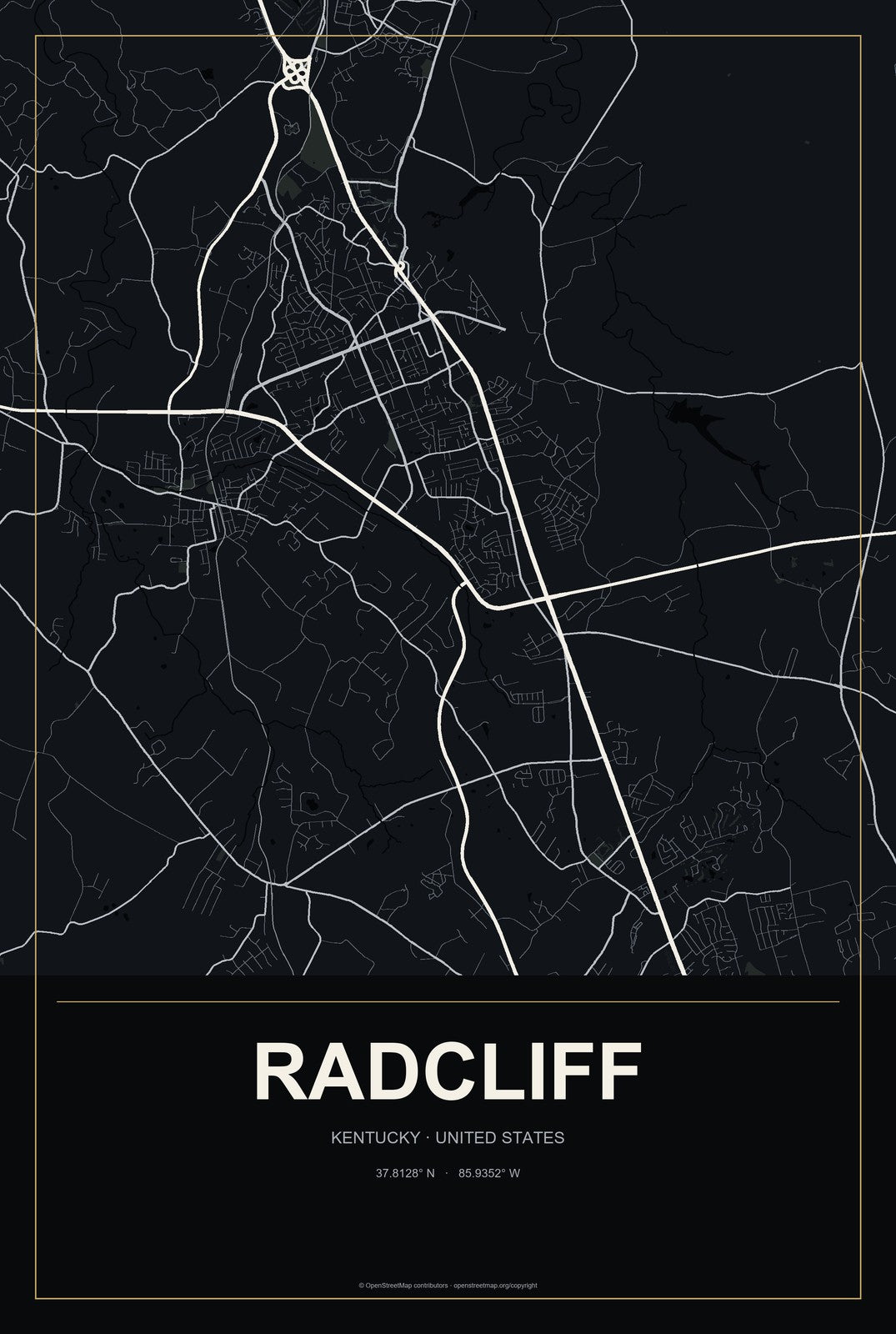 Radcliff, Kentucky City Map Aluminum Sign in Metropolitan Noir style