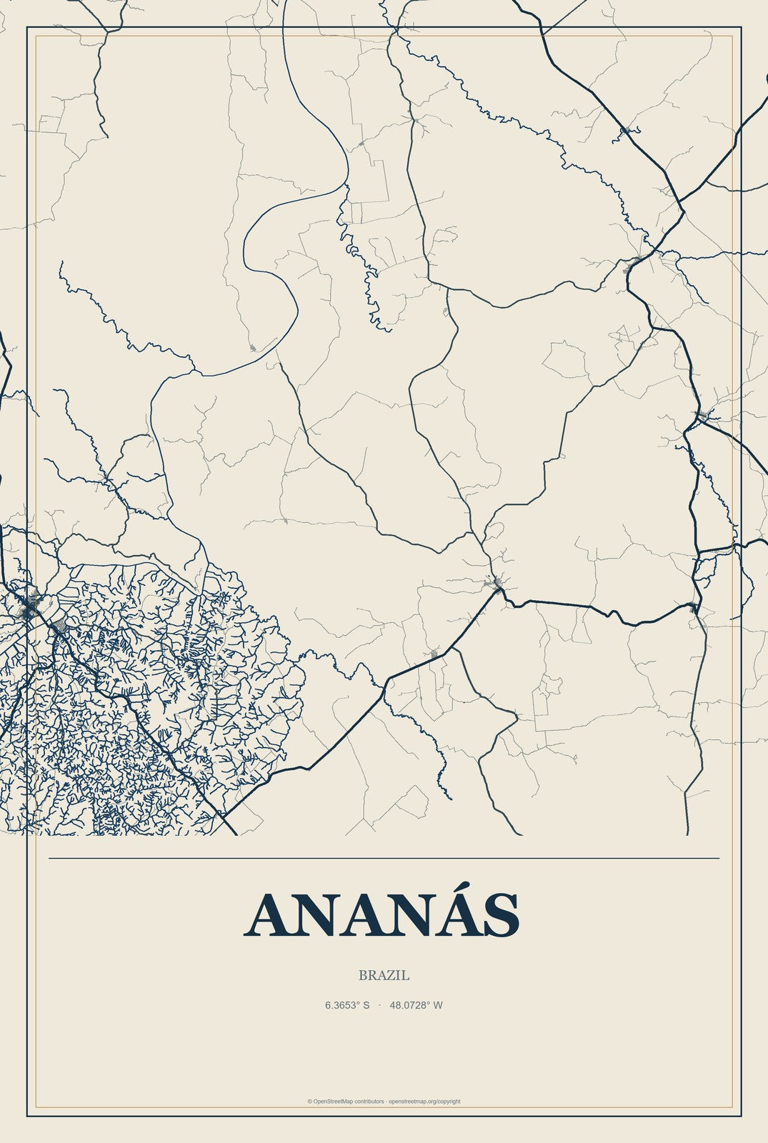 Ananás, Brazil City Map Aluminum Sign in Coastal Cutout style