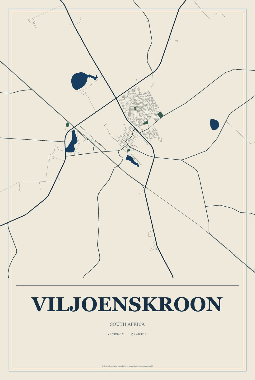 Viljoenskroon, South Africa City Map Aluminum Sign in Coastal Cutout style