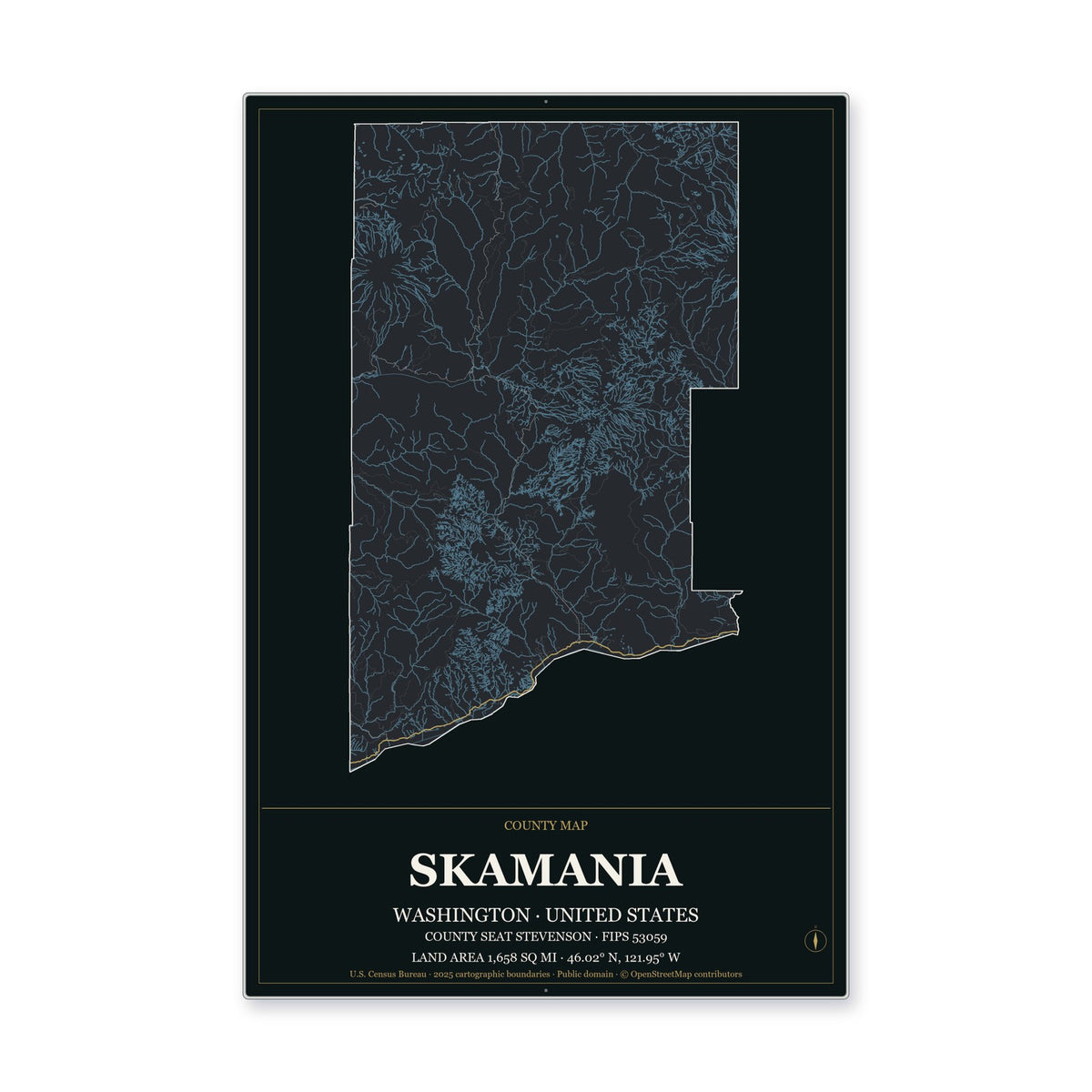 Skamania County, Washington Map Aluminum Sign in Metropolitan Noir style