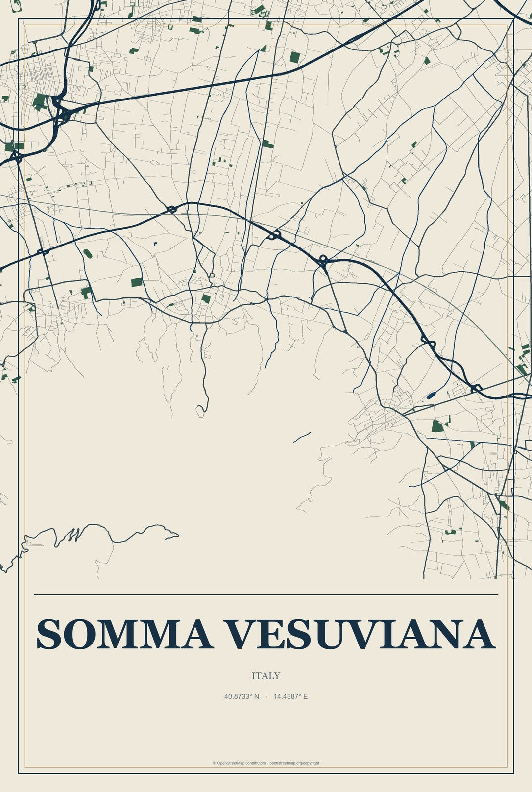 Somma Vesuviana, Italy City Map Aluminum Sign in Coastal Cutout style