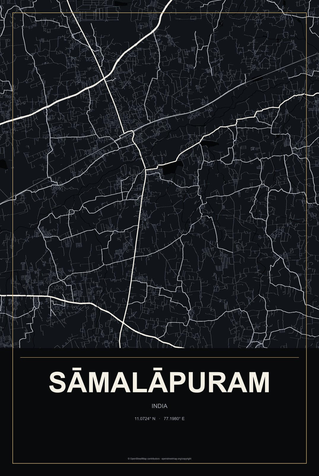 Sāmalāpuram, India City Map Aluminum Sign in Metropolitan Noir style