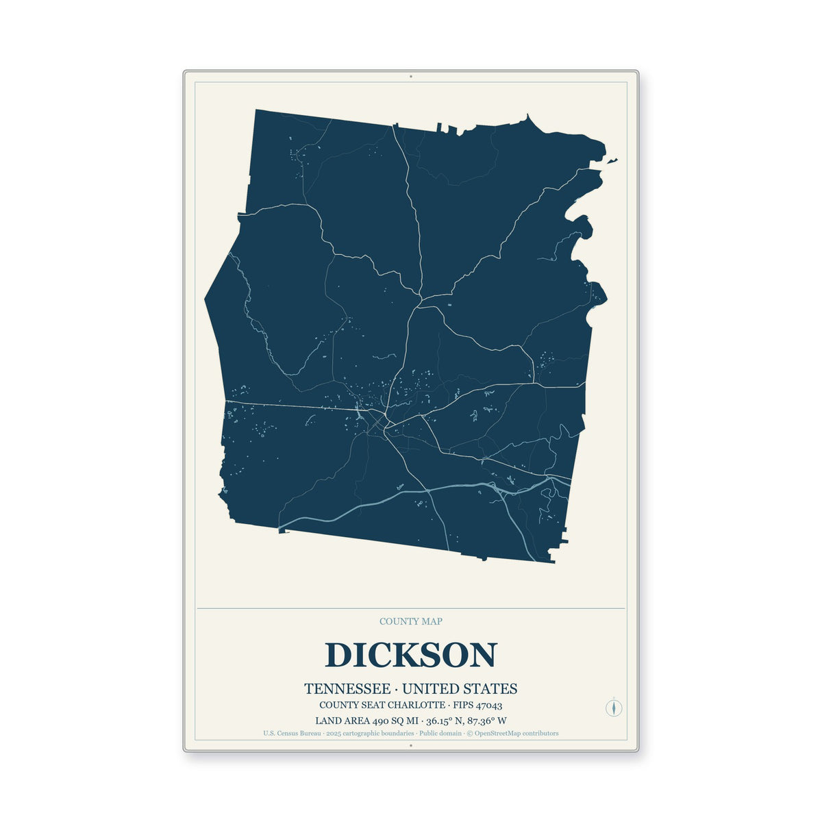 Dickson County, Tennessee Map Aluminum Sign in Coastal Cutout style