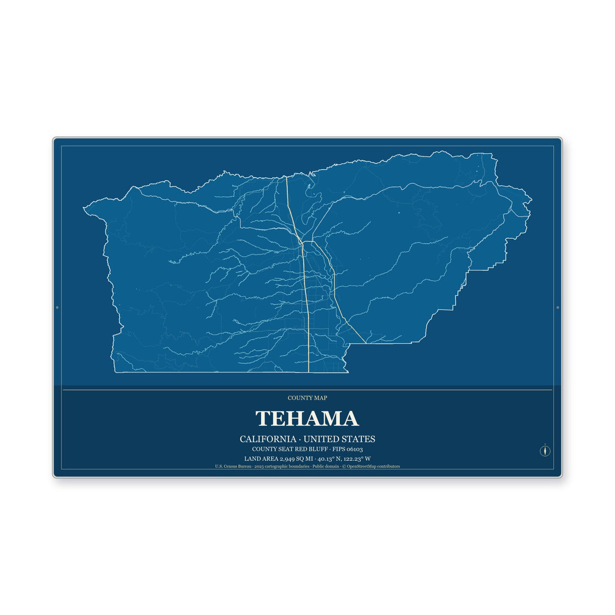 Tehama County, California Map Aluminum Sign in Harbor Cobalt style
