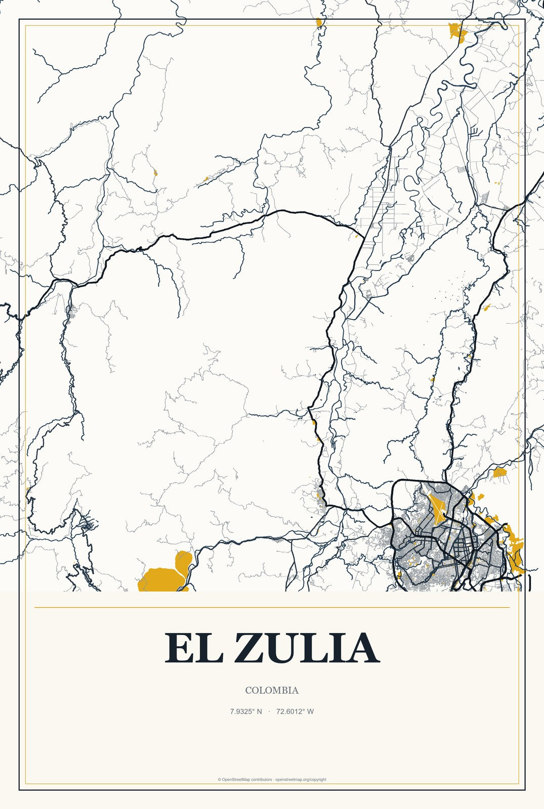 El Zulia, Colombia City Map Aluminum Sign in Citrine Modern style