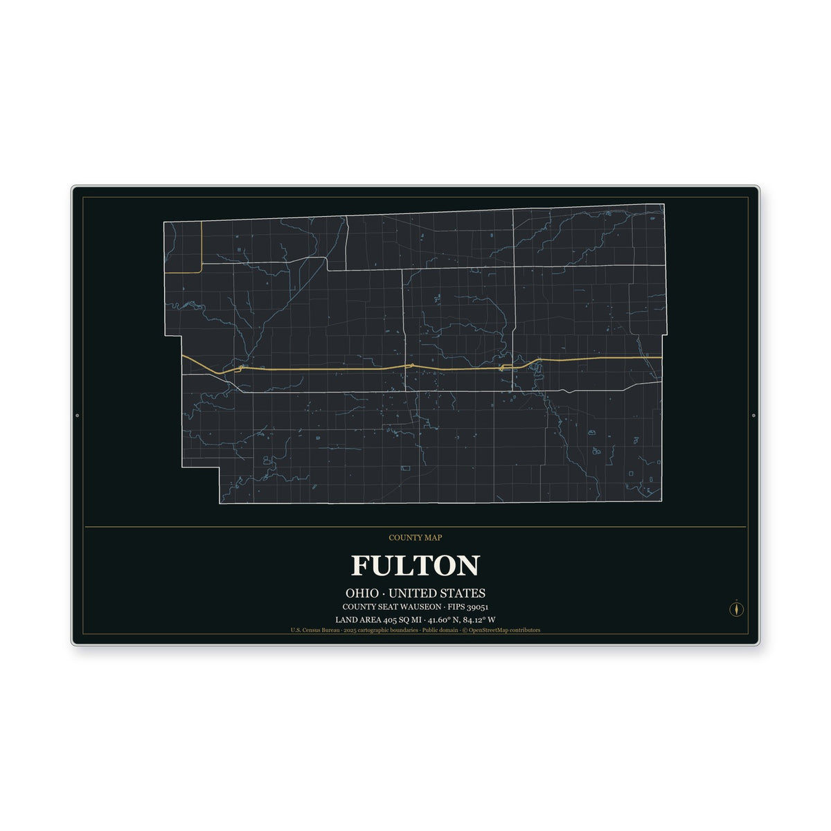 Fulton County, Ohio Map Aluminum Sign in Metropolitan Noir style