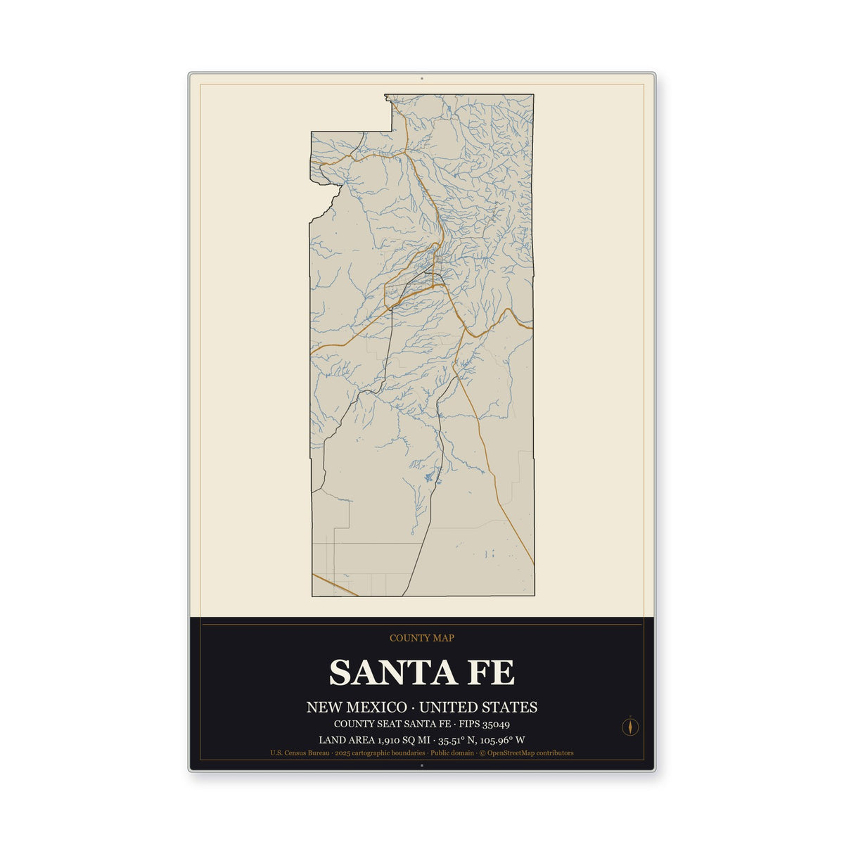 Santa Fe County, New Mexico Map Aluminum Sign in Museum Plaque style