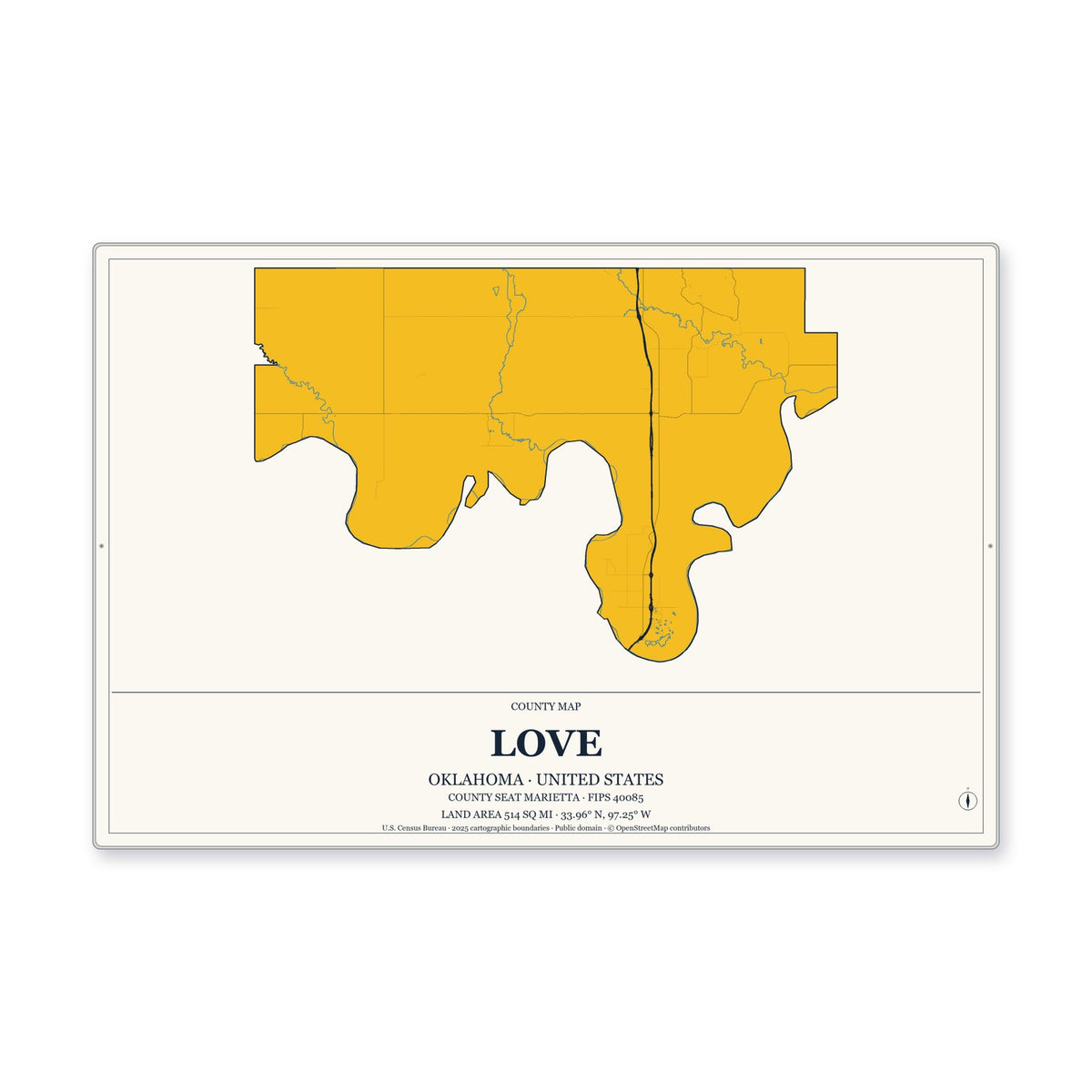 Love County, Oklahoma Map Aluminum Sign in Citrine Modern style