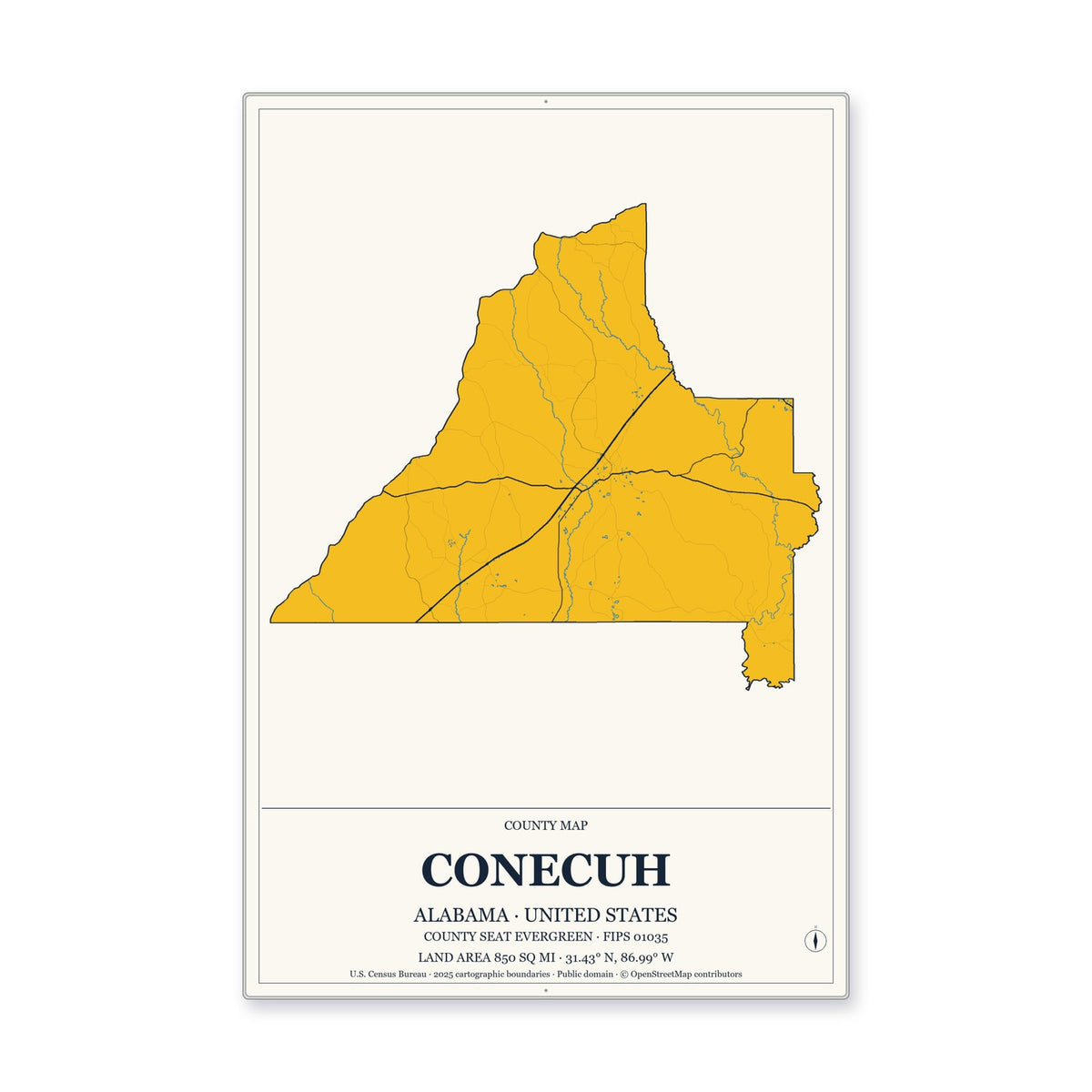 Conecuh County, Alabama Map Aluminum Sign in Citrine Modern style