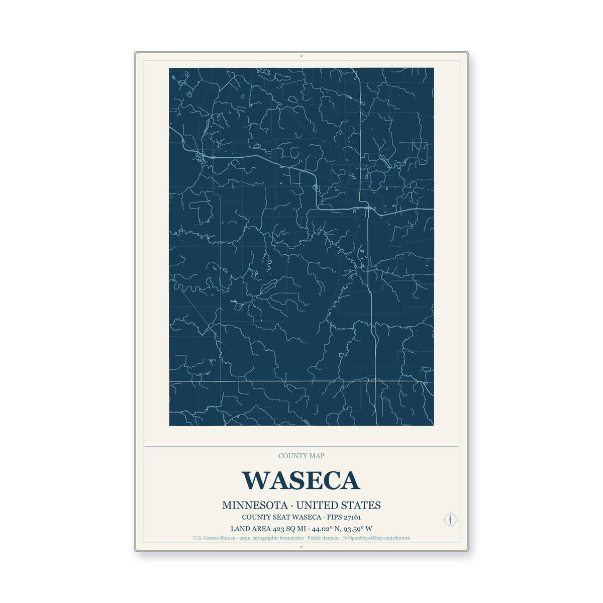 Waseca County, Minnesota Map Aluminum Sign in Coastal Cutout style