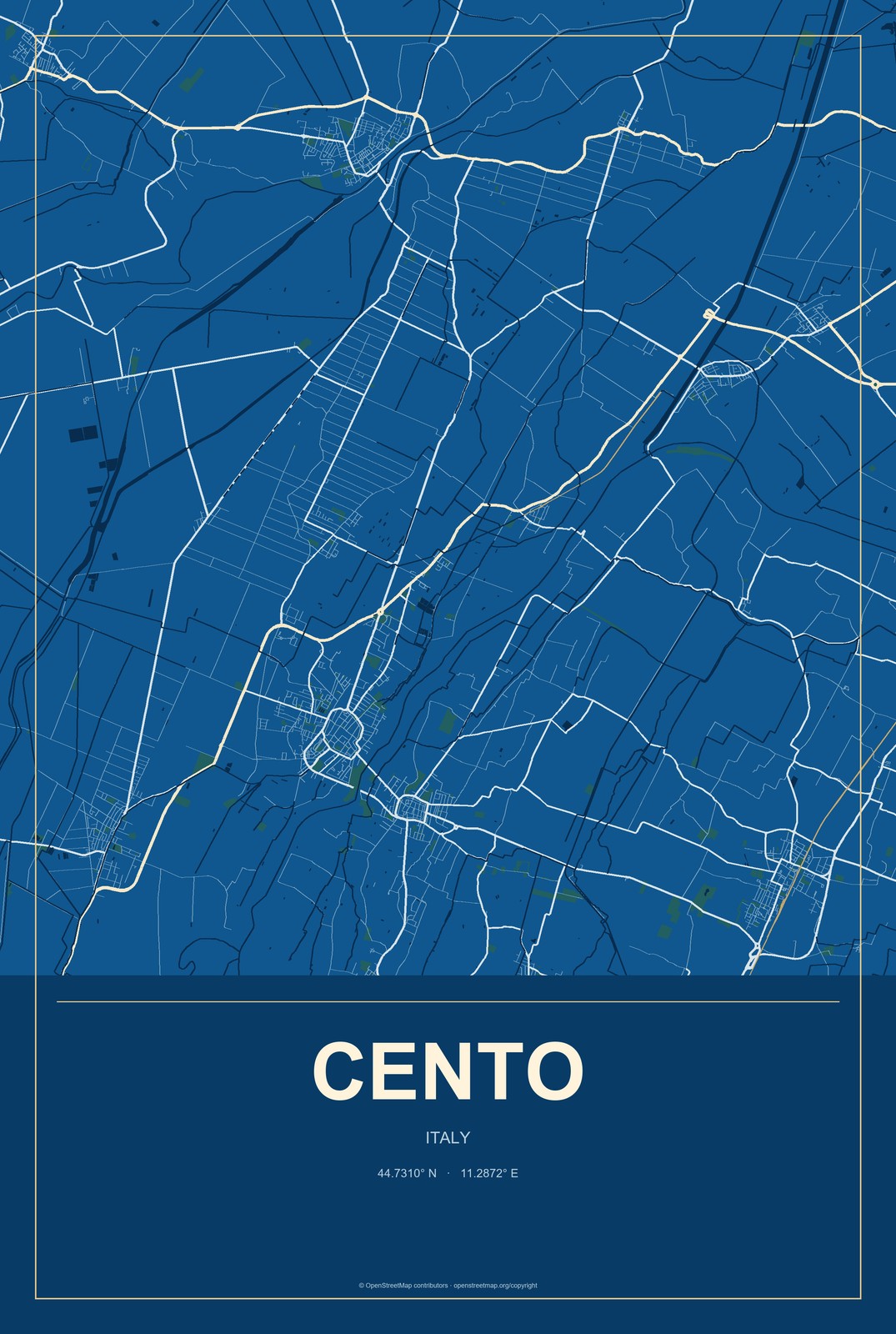 Cento, Italy City Map Aluminum Sign in Harbor Cobalt style