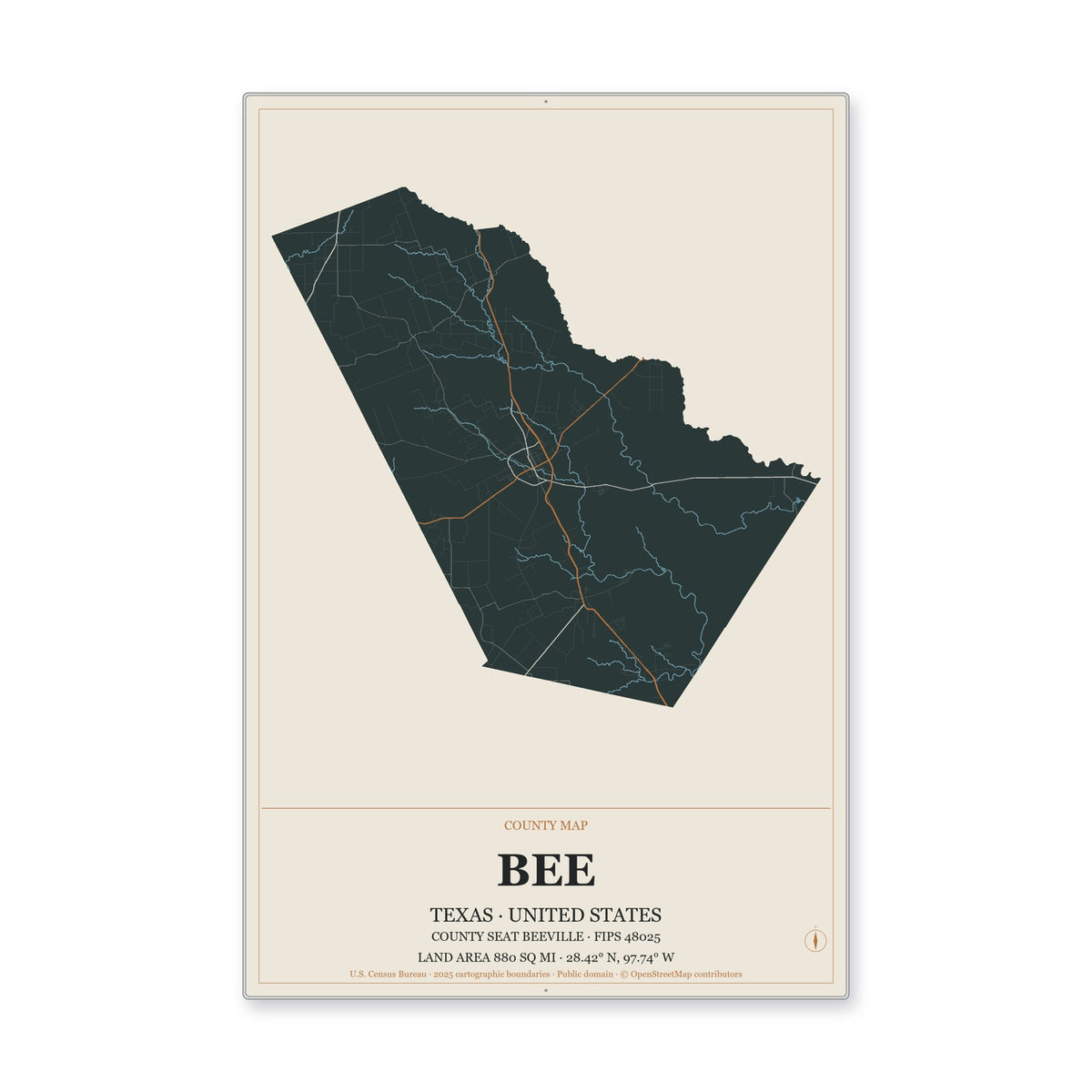 Bee County, Texas Map Aluminum Sign in Headline Atlas style