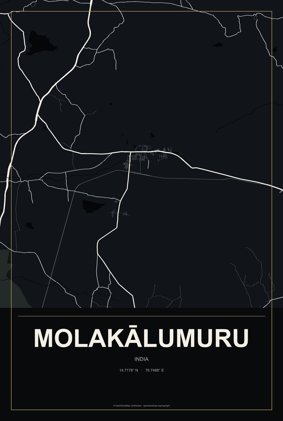 Molakālumuru, India City Map Aluminum Sign in Metropolitan Noir style