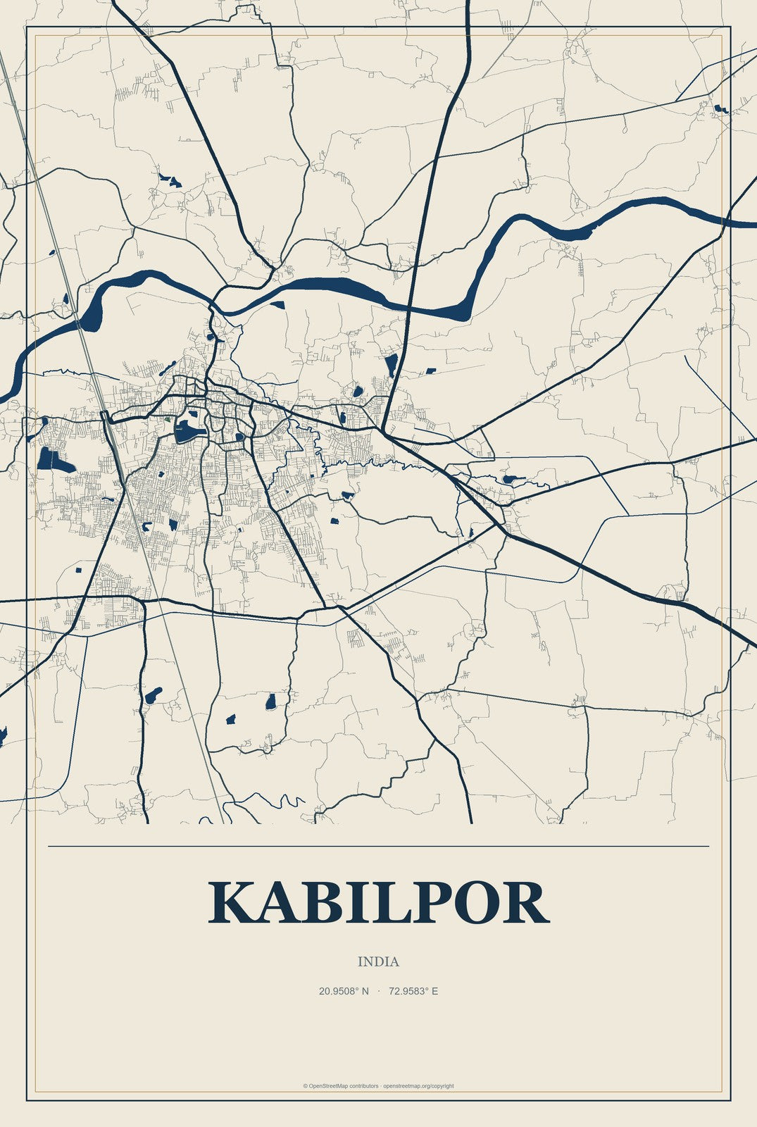 Kabilpor, India City Map Aluminum Sign in Coastal Cutout style