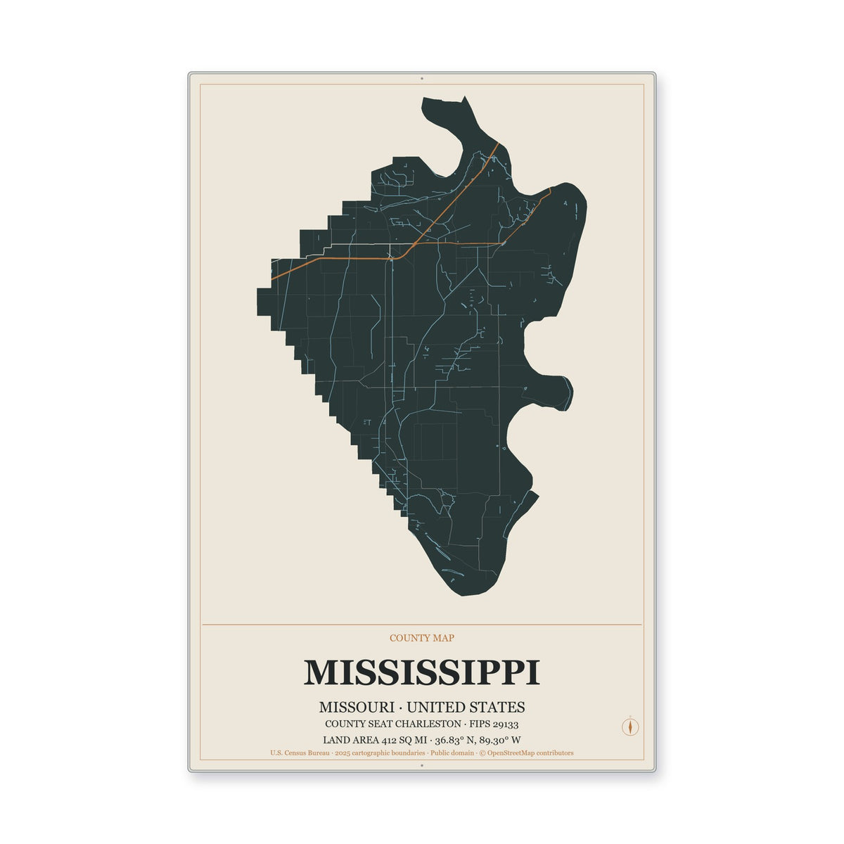 Mississippi County, Missouri Map Aluminum Sign in Headline Atlas style