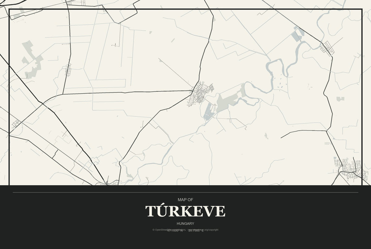 Túrkeve, Hungary City Map Aluminum Sign in Museum Plaque style