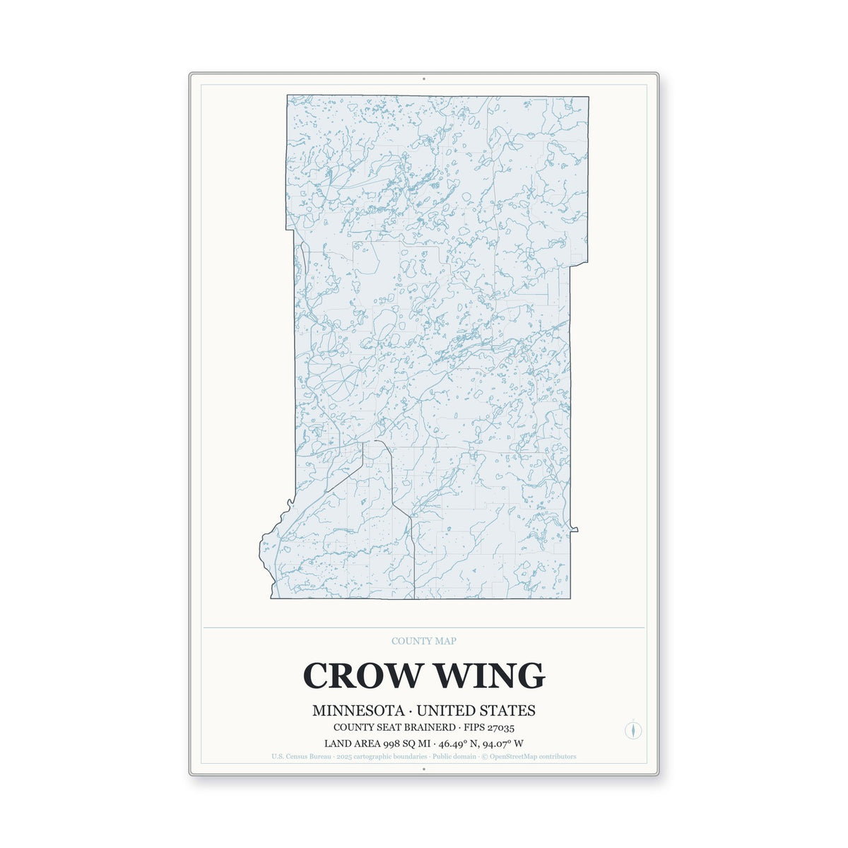 Crow Wing County, Minnesota Map Aluminum Sign in Gallery Air style