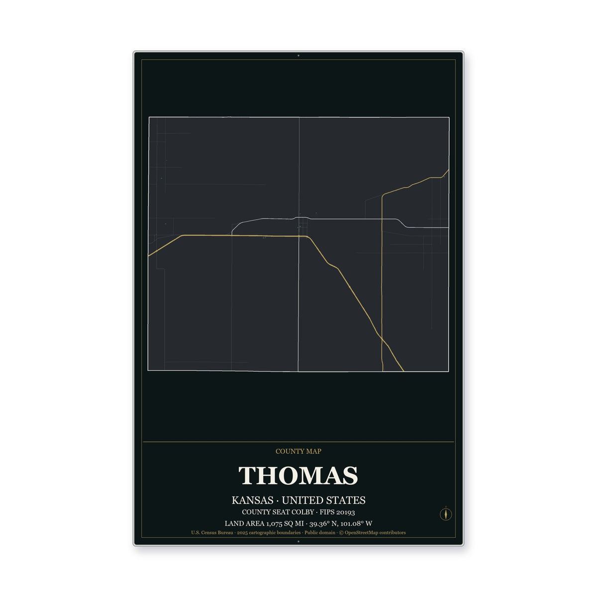 Thomas County, Kansas Map Aluminum Sign in Metropolitan Noir style