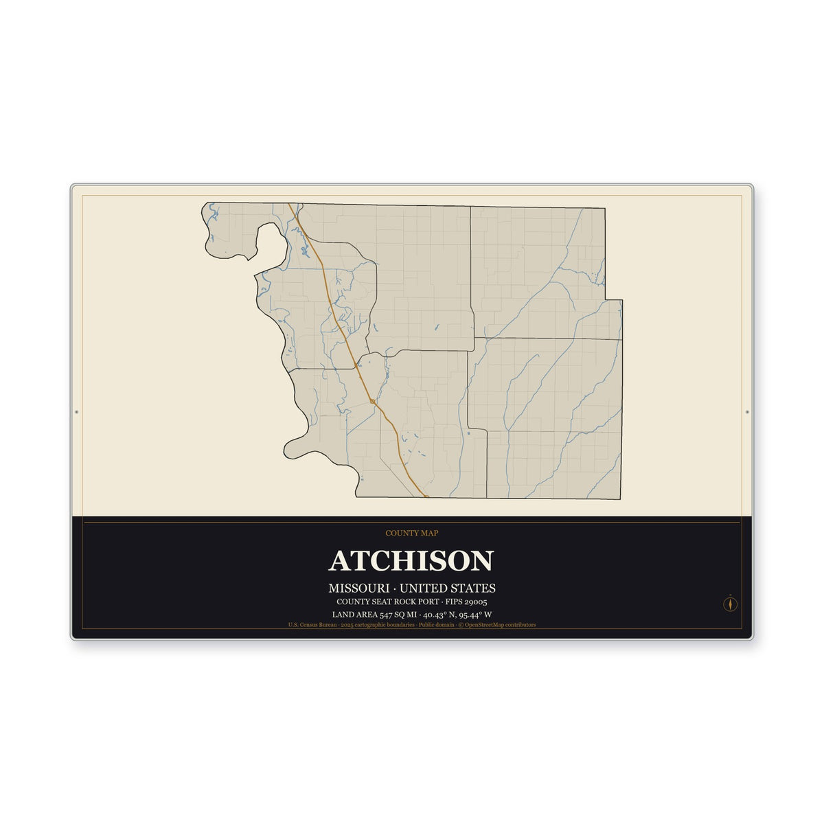 Atchison County, Missouri Map Aluminum Sign in Museum Plaque style