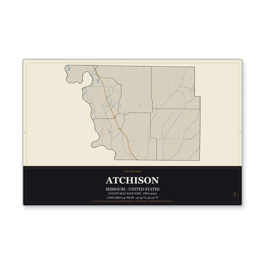 Atchison County, Missouri Map Aluminum Sign in Museum Plaque style