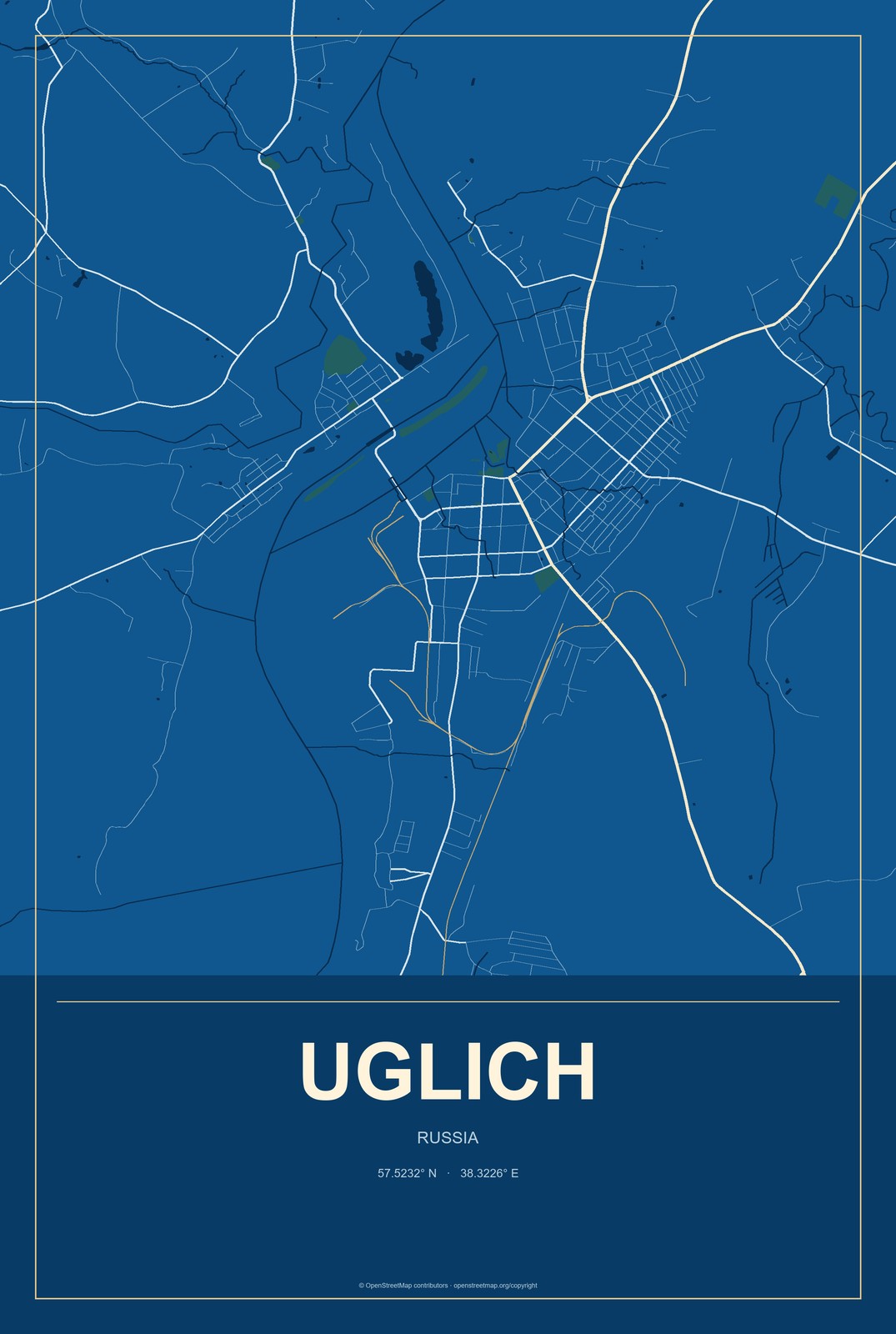 Uglich, Russia City Map Aluminum Sign in Harbor Cobalt style