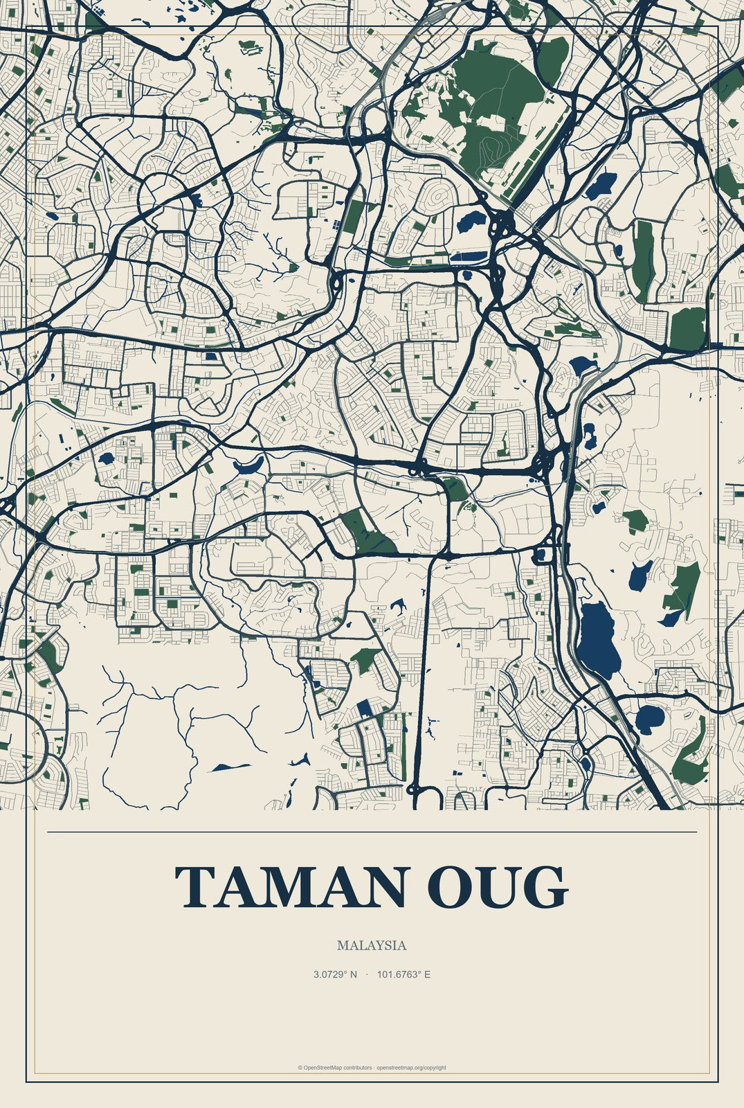 Taman OUG, Malaysia City Map Aluminum Sign in Coastal Cutout style