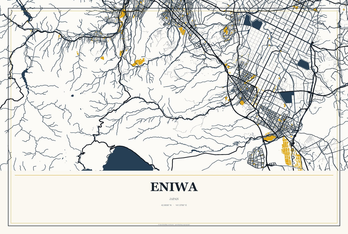 Eniwa, Japan City Map Aluminum Sign in Citrine Modern style