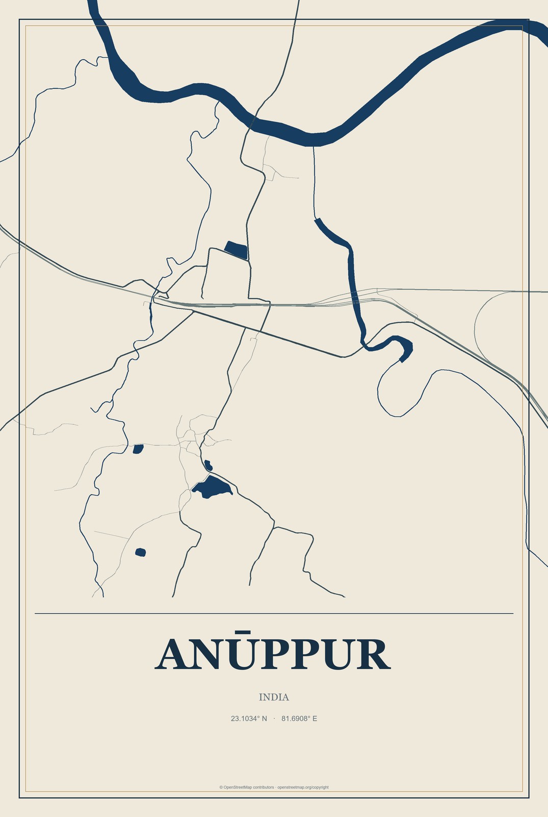Anūppur, India City Map Aluminum Sign in Coastal Cutout style