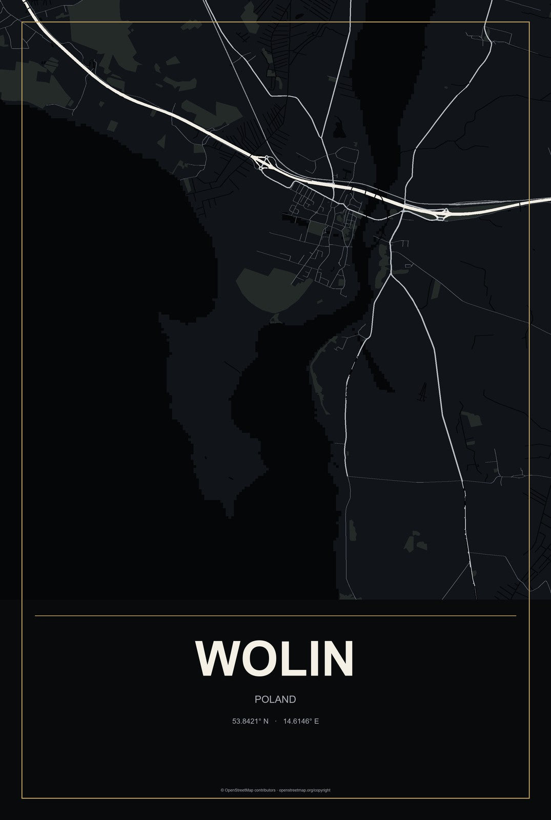 Wolin, Poland City Map Aluminum Sign in Metropolitan Noir style