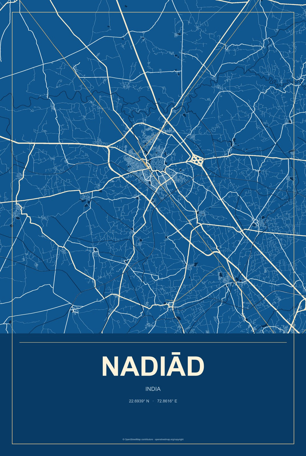 Nadiād, India City Map Aluminum Sign in Harbor Cobalt style