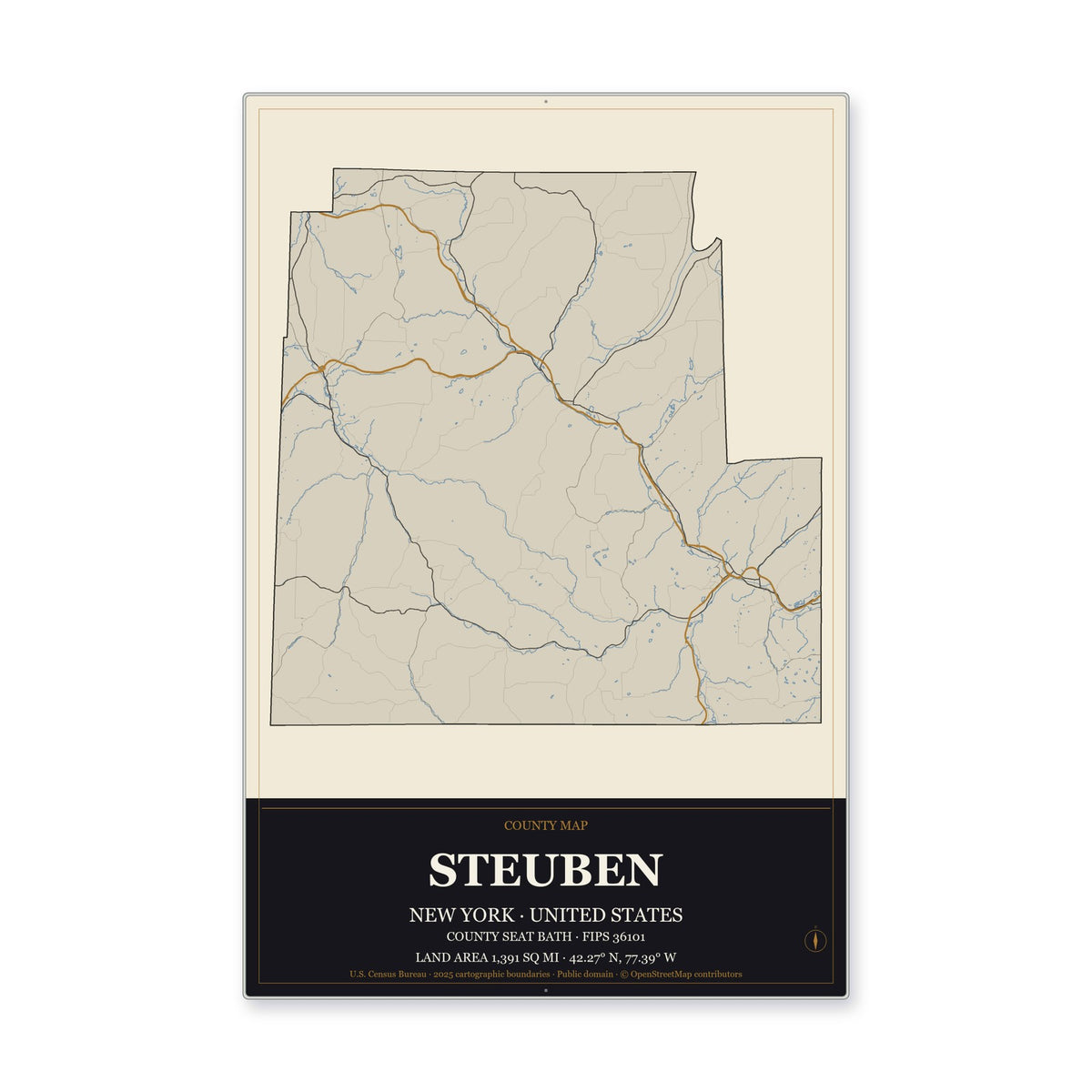 Steuben County, New York Map Aluminum Sign in Museum Plaque style