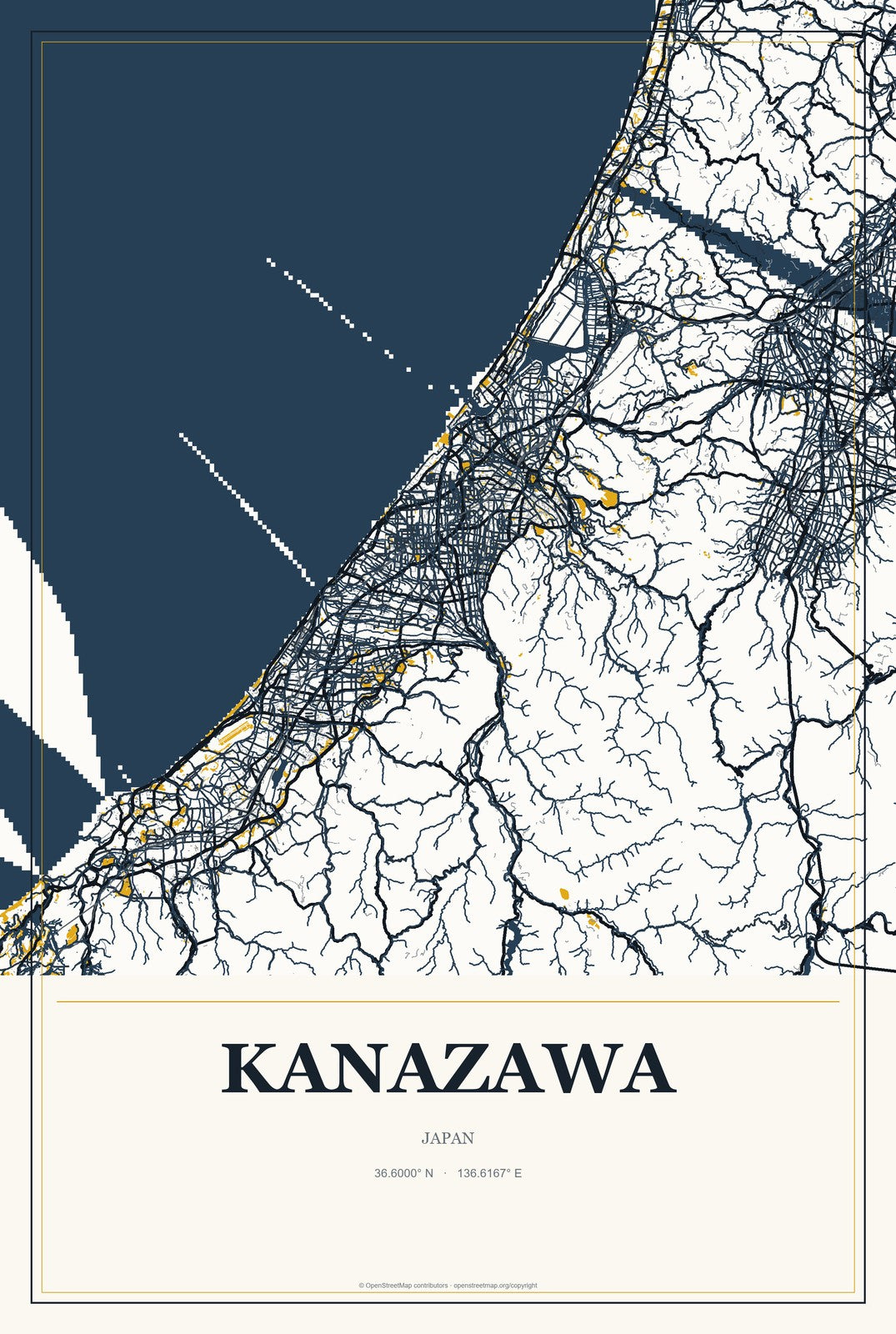 Kanazawa, Japan City Map Aluminum Sign in Citrine Modern style