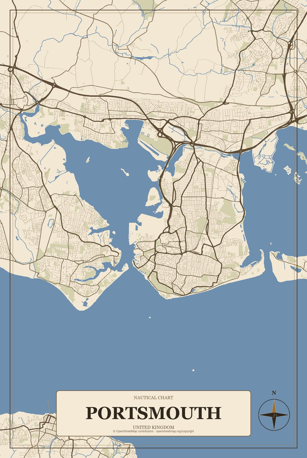 Portsmouth, United Kingdom City Map Aluminum Sign in Heritage Nautical style