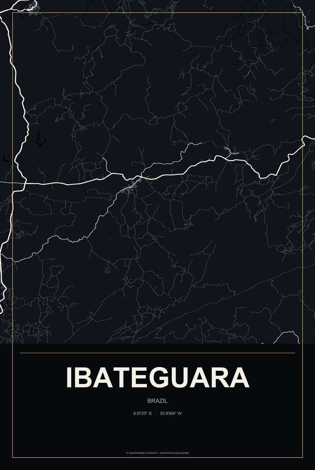 Ibateguara, Brazil City Map Aluminum Sign in Metropolitan Noir style